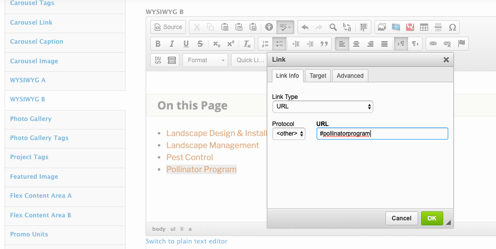  screenshot showing how to add anchor links via the WYSIWYG link tool