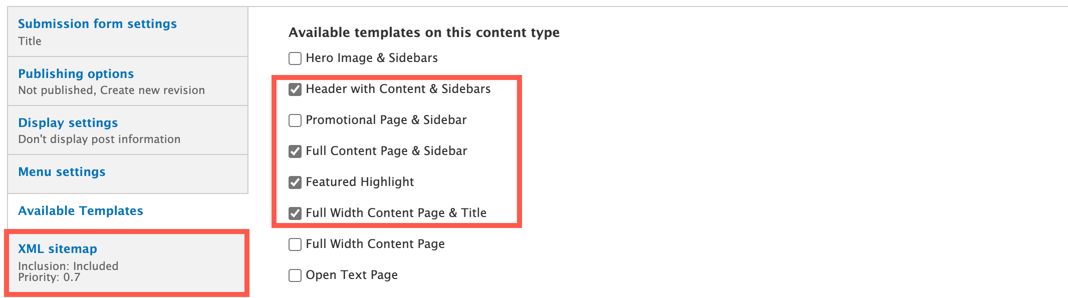 Carousel content type settings, template selection