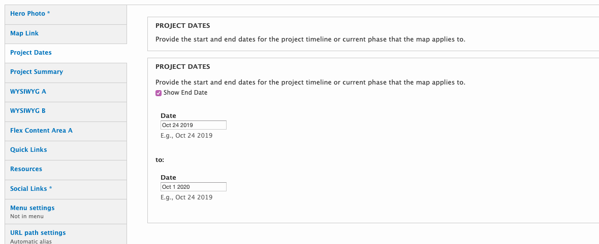 screenshot showing project dates field