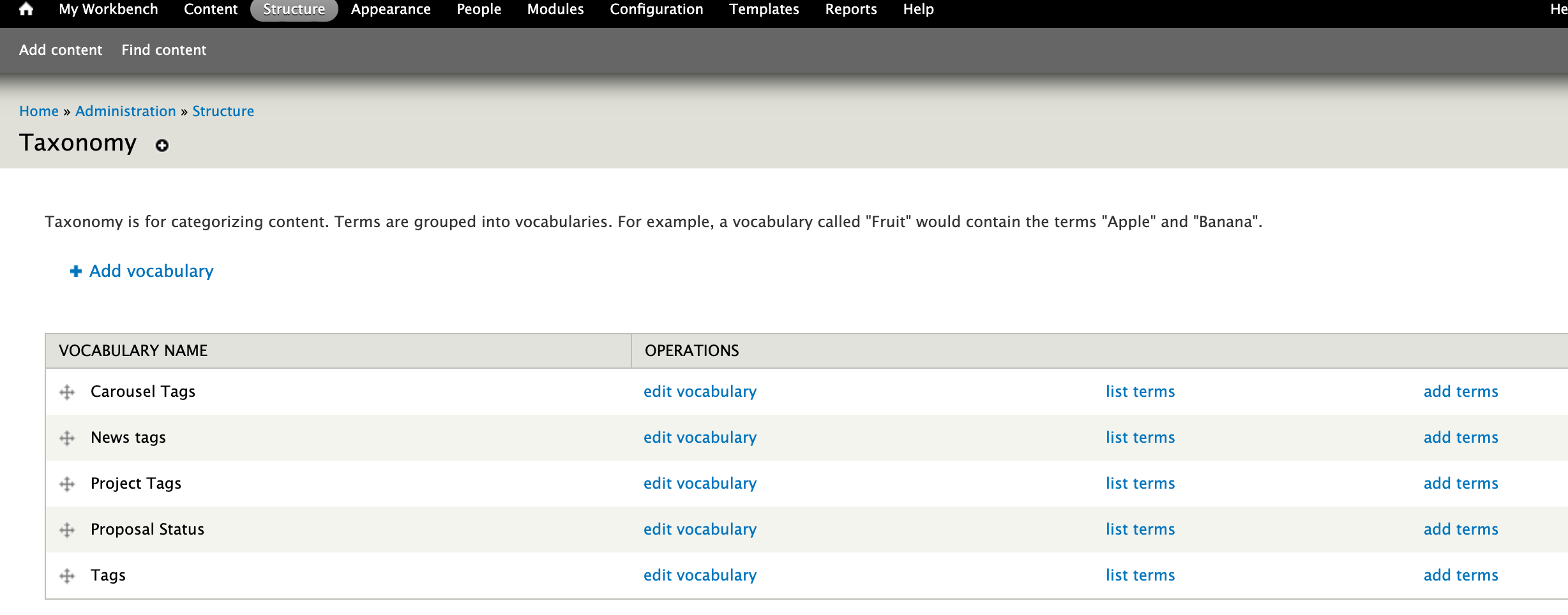screenshot showing the available tag taxonomies
